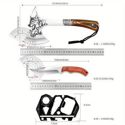 Tactical Axe Set Outdoor Multifunctional Knife Tool Card 3-4 Piece Kit for Hiking Camping BBQ Survival Wolf Head Axe Option