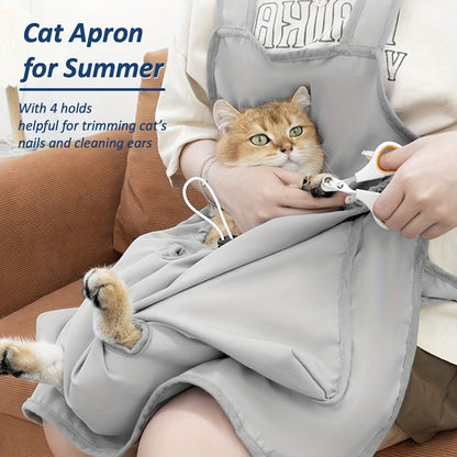 Cat Grooming Apron Restraint Bag with 4 Fixed Holes – Breathable Anti-Scratch Cat Bathing Bag for Nail Trimming, Ear Cleaning & Grooming, Portable Cat Care Wrap for Home & Vet Use