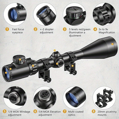 Waterproof Riflescope 3-9x40 with Red Green Illuminated Reticle & Reinforced Aluminum Alloy Body, Four-Hole Picatinny Mount Adjustable Tactical Optical Scope for Hunting Shooting Outdoor Use