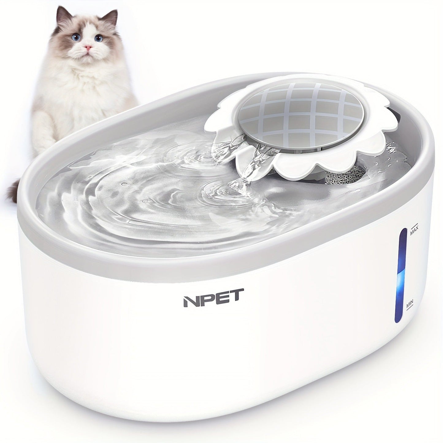 Automatic Pet Water Fountain 2L / 67oz - Ultra-Quiet Pump, Visible Water Level Window, Cat & Dog Water Dispenser, Safe BPA-Free Design, Filter Included, No Battery Required, PETNC010GW