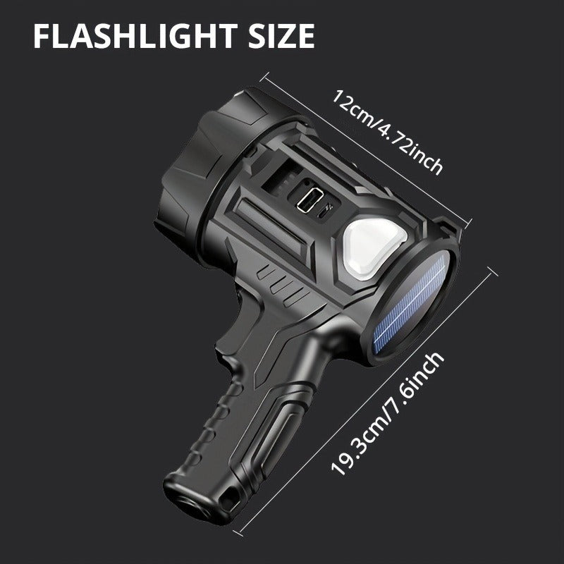 Portable LED Flashlight 2000 Lumen Solar Rechargeable Power Bank USB-C for Camping Hiking Outdoor Emergency