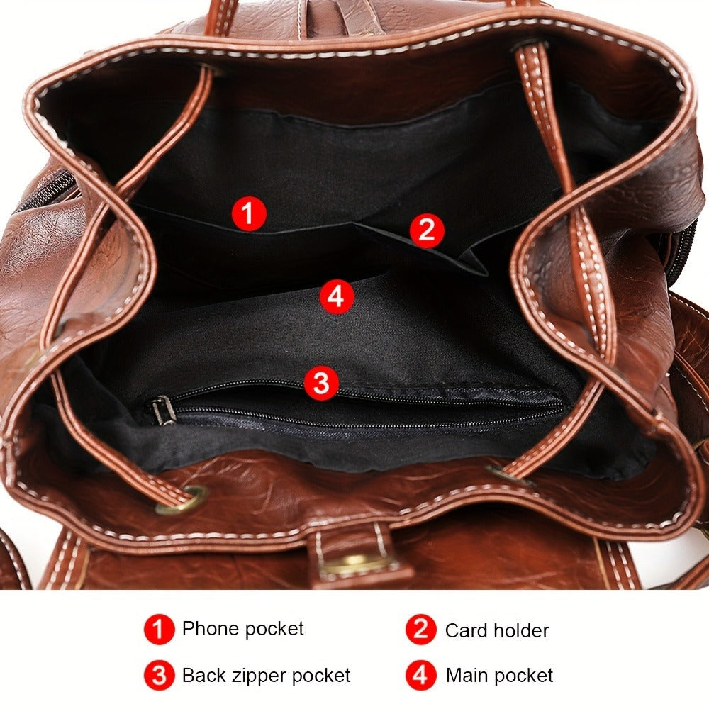 Vintage PU Leather Backpack Shoulder Satchel Multi-Carry Water Resistant Geometric Pattern Zipper Adjustable Strap for Men Women School Travel