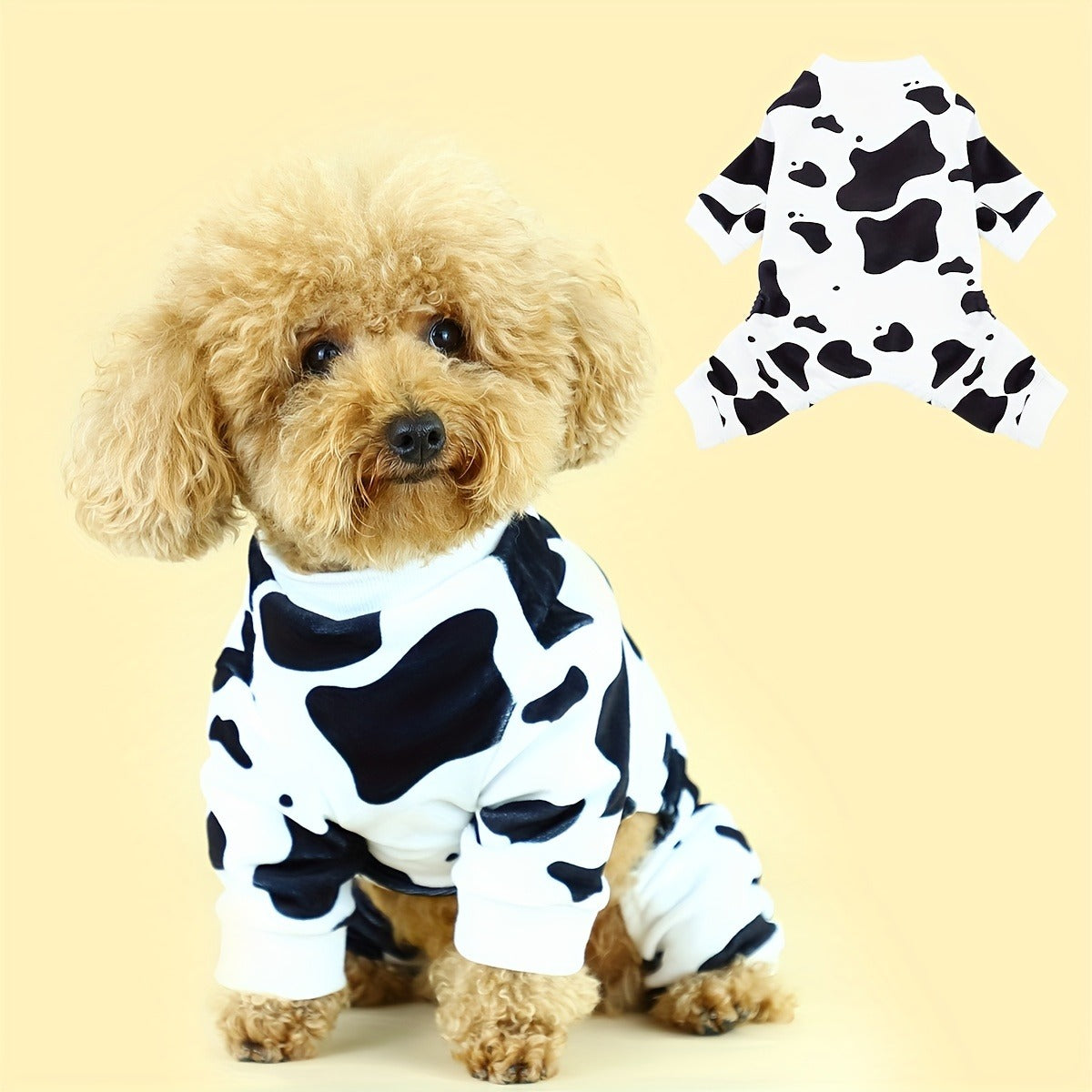 Dog Pajamas Cow Print Soft Knit Pullover Sleepwear for Small Medium Dogs, 100% Polyester Milk Swirl Texture Pet Onesie Loungewear for Year-Round Comfort, Sizes XS S M L XL XXL 3XL 4XL, White