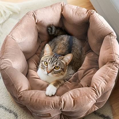 Cat Bed Round Deep Nest for Indoor Cats up to 15lbs, Luxurious Velvet Feel Extra High Sides, Machine Washable Non-Slip Bottom, Cozy Donut Cat Bed 20x20 in Steel Blue & Warm Beige