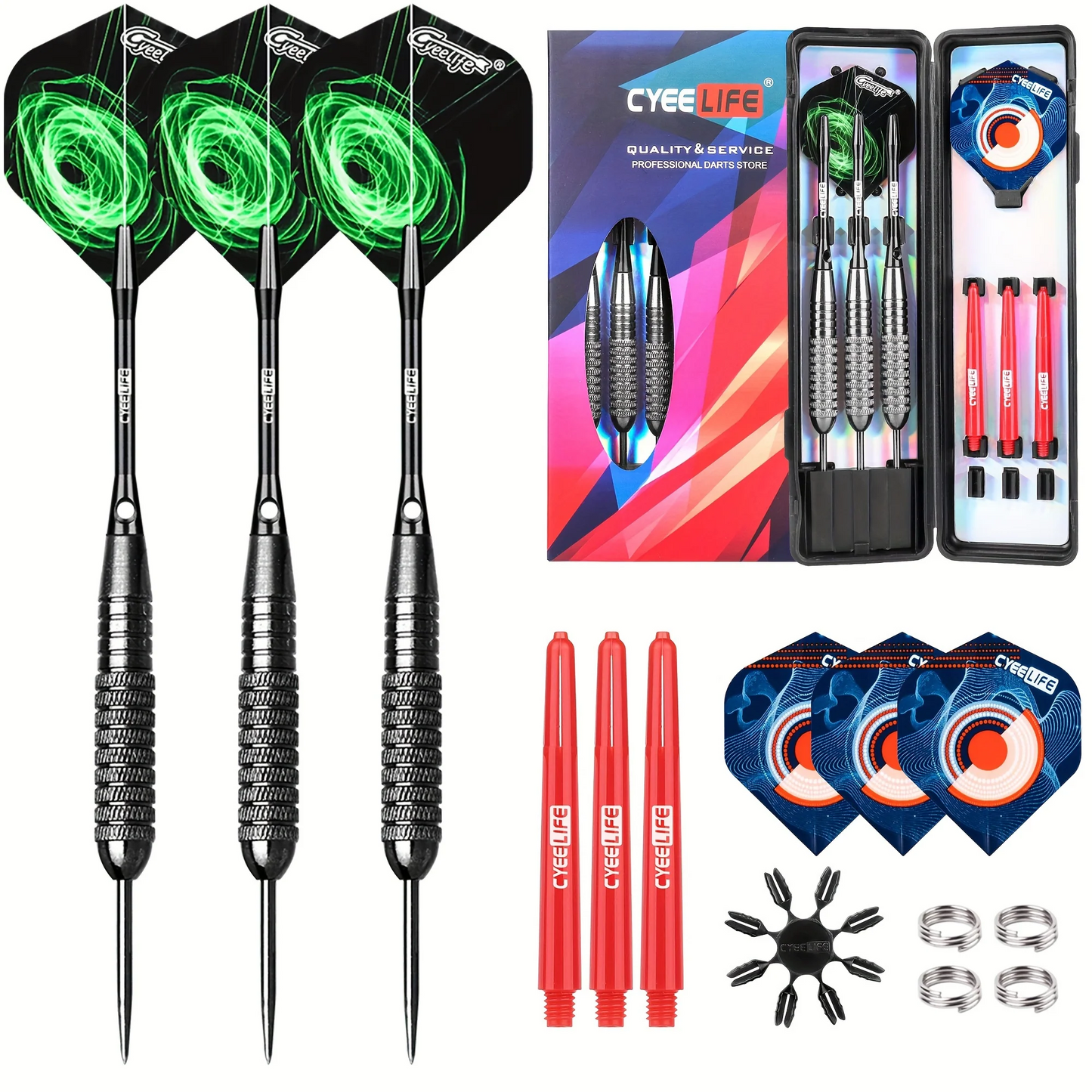 Professional Steel Tip Darts Set with Carrying Case - Aluminum & PVC Shafts, Extra Replacement Flights & Plastic Protectors, Complete Dart Accessory Kit for Dartboard Practice