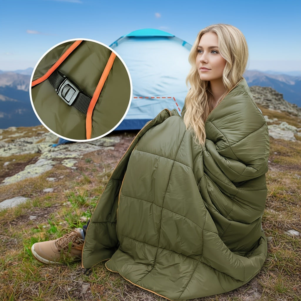 Puffy Camping Blanket Foldable Lightweight Water Resistant with 3D Eye Mask - DWR Coated Outdoor Blanket for Camping, Hiking, Travel, Beach, Stadium & Car, Warm Packable Throw in 4 Colors, 55" x 78"