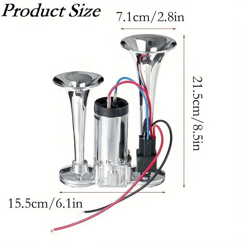 Dual Air Horn Kit 12V/24V 105-137dB with Air Compressor - Super Loud Aluminum Alloy Trumpet Horn for Truck, Train, SUV, Motorcycle, Car & Boat, Universal Electric Horn Easy Install