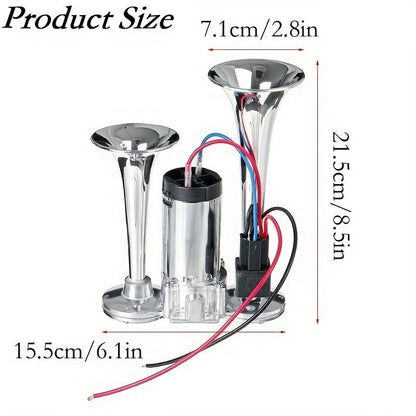 Dual Air Horn Kit 12V/24V 105-137dB with Air Compressor - Super Loud Aluminum Alloy Trumpet Horn for Truck, Train, SUV, Motorcycle, Car & Boat, Universal Electric Horn Easy Install