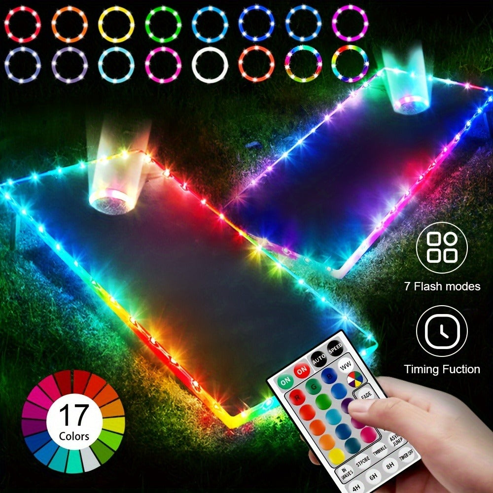 Cornhole Lights LED Ring & Board Edge Lights 17 Colors 7 Modes with Remote Control for Standard Cornhole Board 4ft x 2ft Night Games Backyard Party Tailgate Outdoor Fun Battery Powered