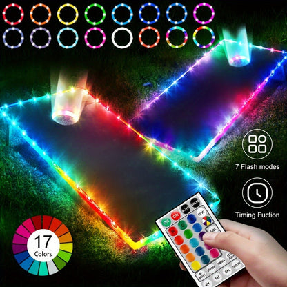 Cornhole Lights LED Ring & Board Edge Lights 17 Colors 7 Modes with Remote Control for Standard Cornhole Board 4ft x 2ft Night Games Backyard Party Tailgate Outdoor Fun Battery Powered