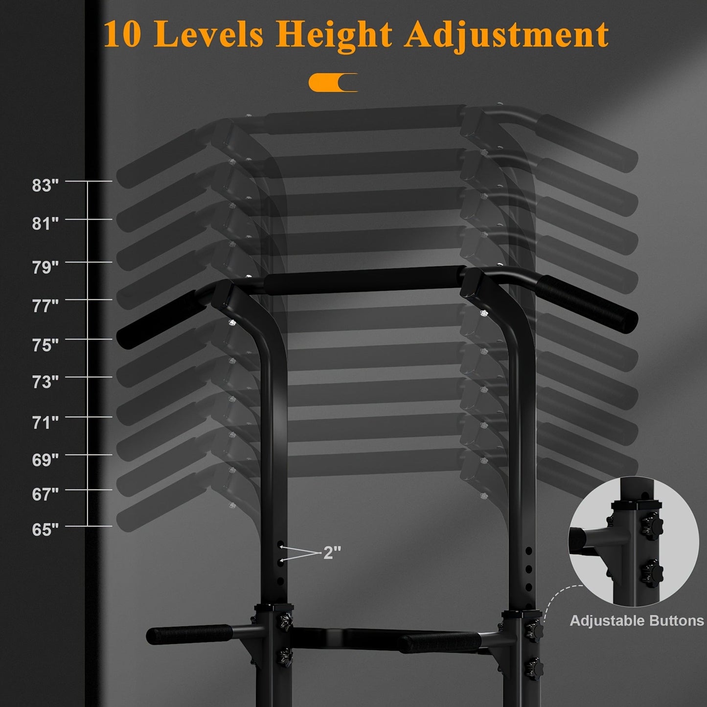 Power Tower Dip Station Pull Up Bar for Home Gym – 330lb Capacity, 10 Height Levels 65"-83", 6 Exercise Positions, H-Base with Suction Cups – Full Body Strength Training Equipment