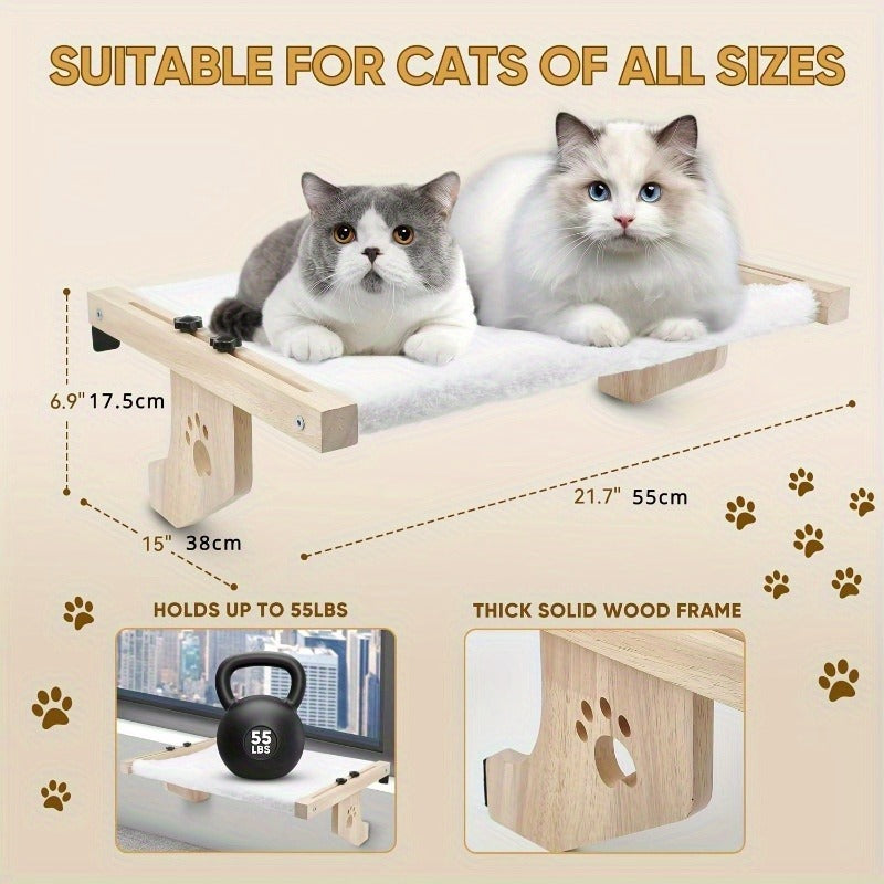 Cat Window Frame Hammock Adjustable - Durable Frame Cat Bed with Paw Print Pattern, Easy Install Window Sill Bedside Cabinet Perch, Large Cat Hammock Lounger with Safety Fixation, Indoor Cat Furniture