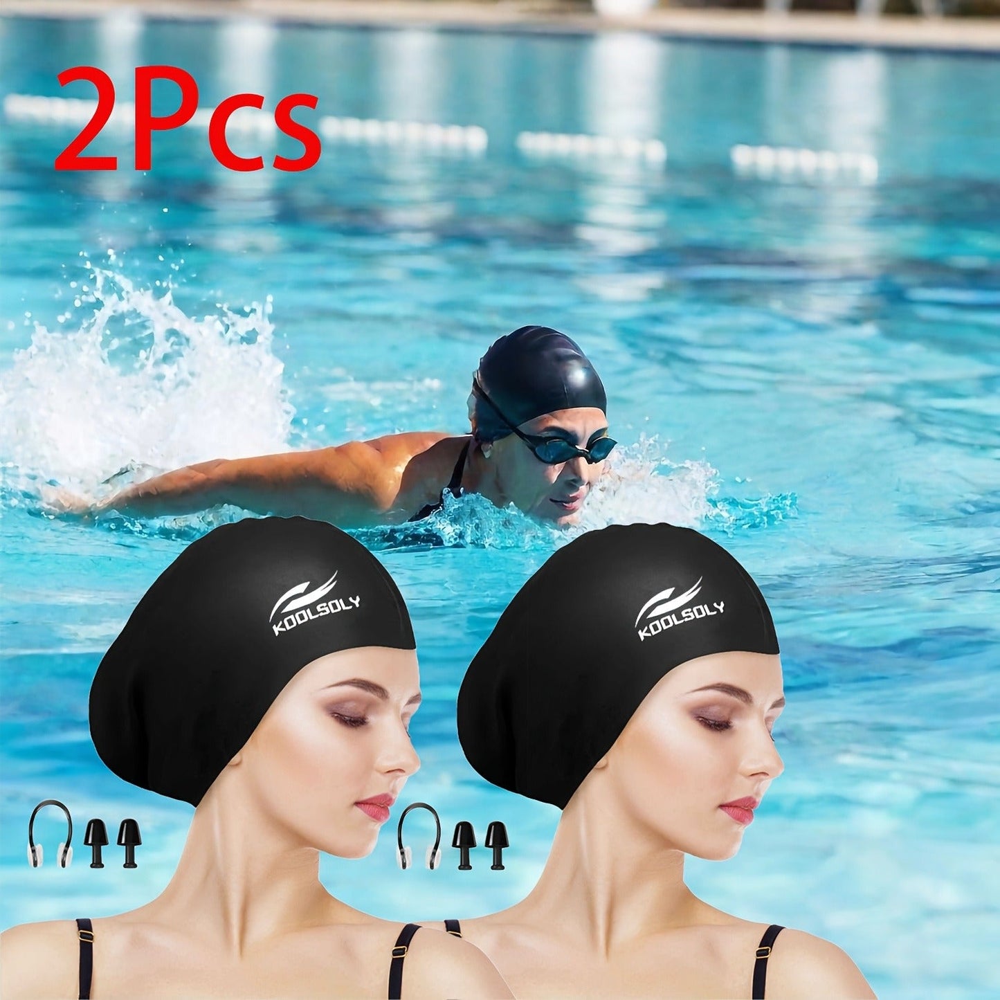 Silicone Swimming Cap 2-Pack – Ear Protection for Long Hair, Includes Earplugs & Nose Clip | Women Men Swim Cap Set