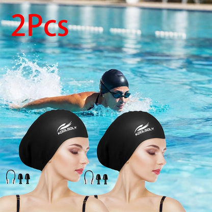 Silicone Swimming Cap 2-Pack – Ear Protection for Long Hair, Includes Earplugs & Nose Clip | Women Men Swim Cap Set