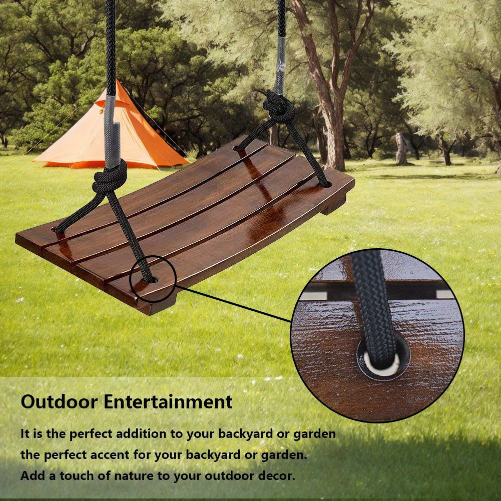 Solid Wood Outdoor Swing Seat 440LBS Capacity Adjustable Rope Length Single Seat Tree Swing for Kids Adults Backyard Garden Patio Hanging Rope Swing