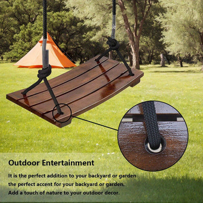 Solid Wood Outdoor Swing Seat 440LBS Capacity Adjustable Rope Length Single Seat Tree Swing for Kids Adults Backyard Garden Patio Hanging Rope Swing
