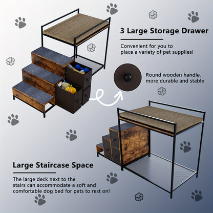 Cat Window Perch with Stairs & 3 Storage Drawers – Large Multi-Level Pet Bunk Bed Platform for Cats and Dogs, Foam Upholstered