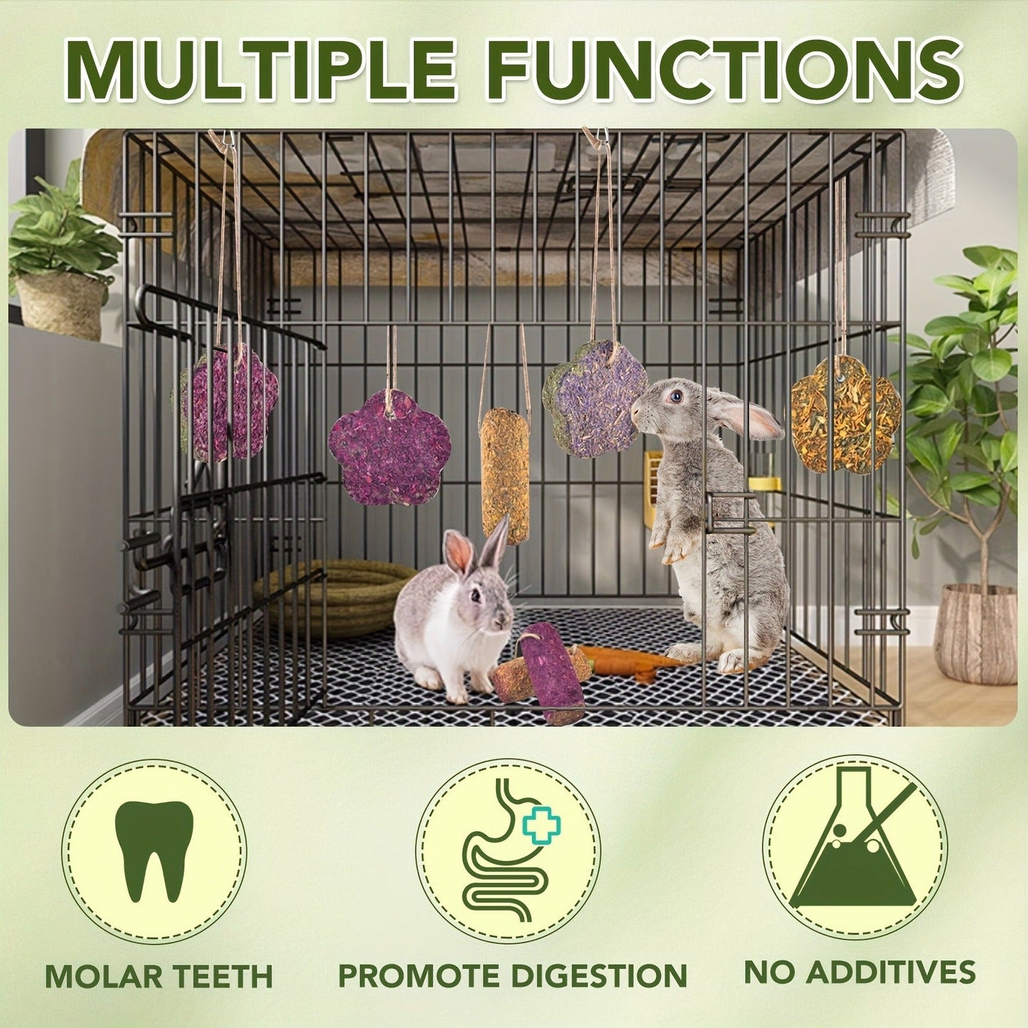 Rabbit Chew Sticks 24 PCS - Timothy Hay Molar Snack Toy with Carrot & Strawberry Flavors for Bunnies, Chinchillas, Guinea Pigs, Hamsters & Small Pets, Hanging Chew Cakes Included