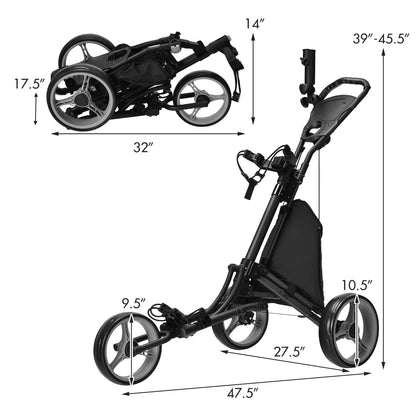 3-Wheel Folding Golf Push Cart Lightweight Aluminum Golf Trolley with Cup Holder Umbrella Holder Scoreboard Storage Bag Foot Brake Adjustable Handle for Golf Clubs