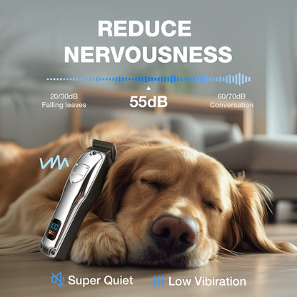 Dog Grooming Clippers Professional Kit - Low Noise Rechargeable Pet Hair Trimmer with Ceramic Blade, 8 Guards, Scissors & Comb for Dogs, Cats & Thick Coats