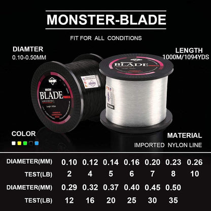Monofilament Fishing Line 1000M / 1093Yds – Nylon Mono Line for Freshwater & Saltwater, 2-35LB, Black & White