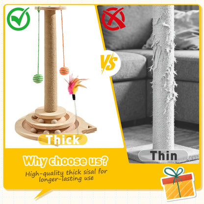 Multi-Level Sisal Cat Scratching Post 4-in-1 with 6 Wooden Balls 2 Hanging Balls & 2 Feather Teaser Toys - Premium Thickened Sisal Anti-Slip Base for Indoor Cats M L XL + Replacement Pillars