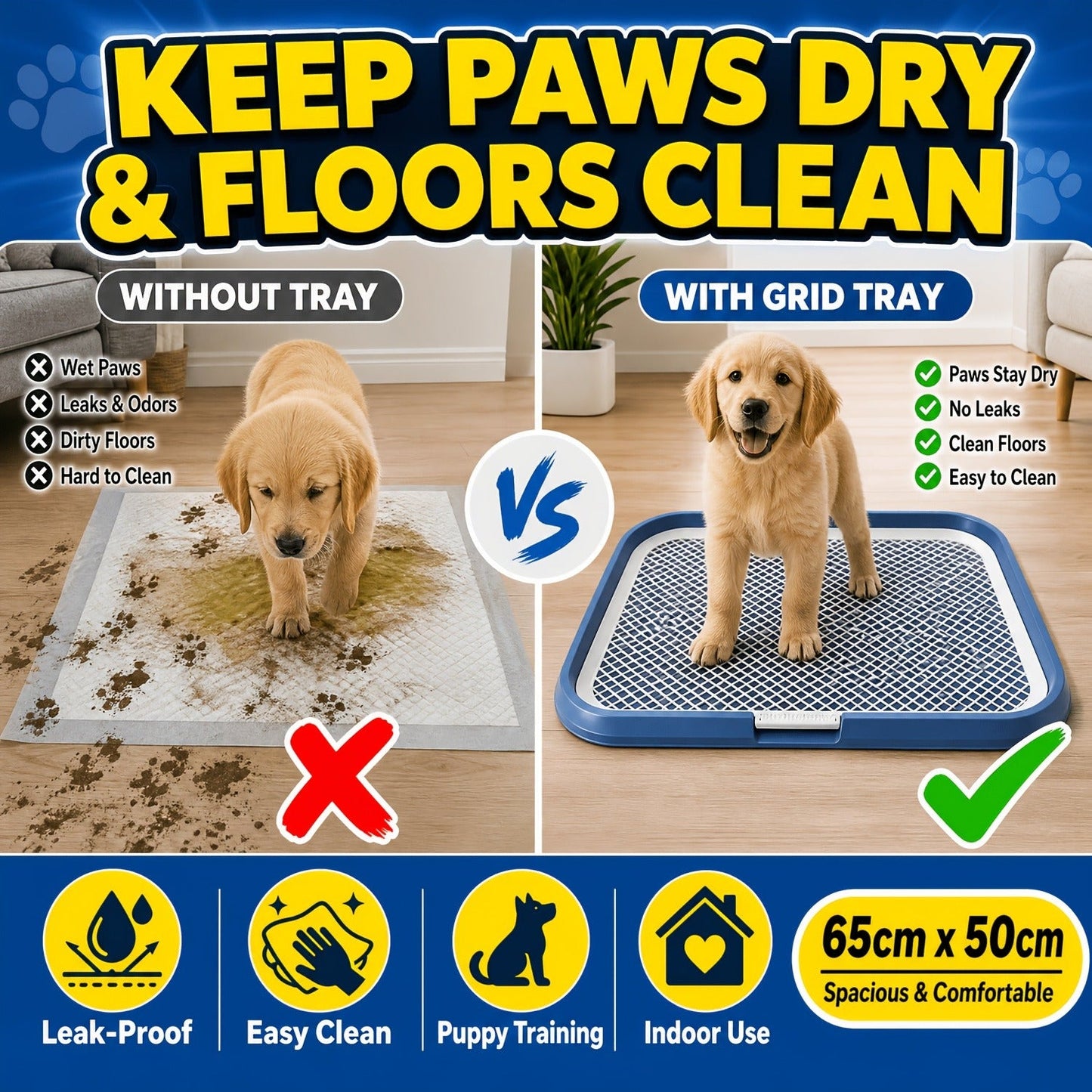 Indoor Dog Potty Tray with Removable Grating - Leak-Proof Puppy Training Toilet, Washable Pee Pad Holder for Apartments, Easy Clean Dog Bathroom, 7 Colors, Small & Large Sizes