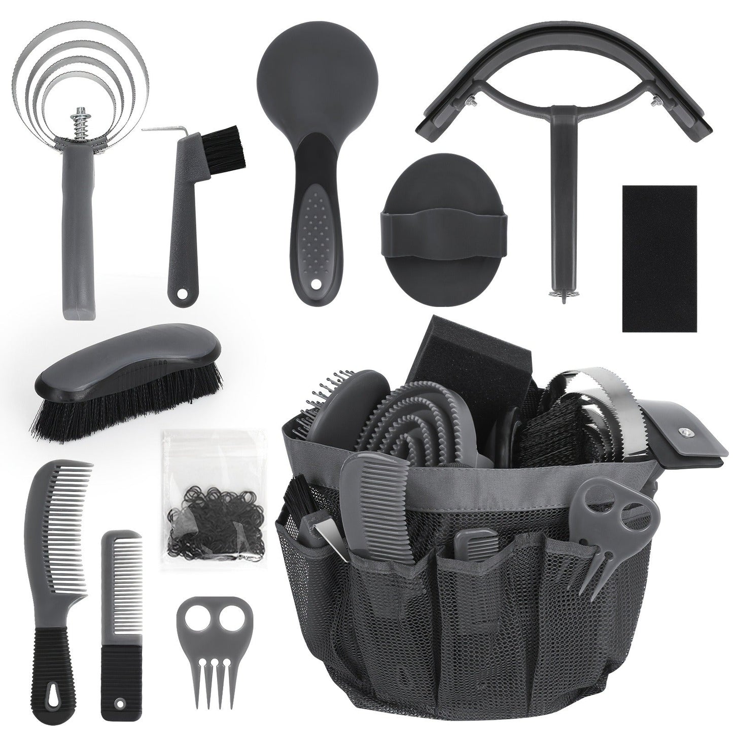 Horse Grooming Kit 11-Piece Set with Storage Bag – Complete Beginner & Daily Care Set with Curry Comb, Reversible Brush & Braiding Tools | SEAOTTER Professional Equine Grooming Supplies, Black