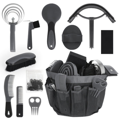 Horse Grooming Kit 11-Piece Set with Storage Bag – Complete Beginner & Daily Care Set with Curry Comb, Reversible Brush & Braiding Tools | SEAOTTER Professional Equine Grooming Supplies, Black