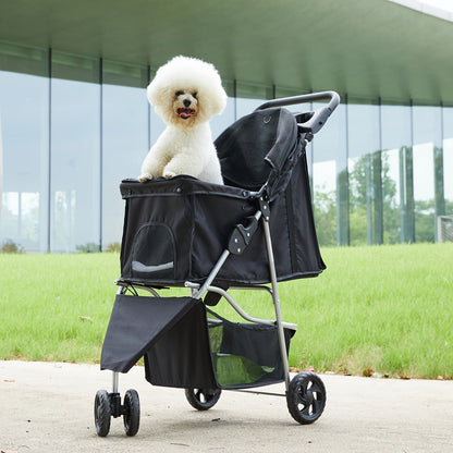 3-Wheel Pet Stroller for Small & Medium Dogs Cats - Foldable Jogger Stroller with Weather Cover, Storage Basket & Cup Holder, Breathable Mesh Window, All-Season Outdoor Walk Pram, Black