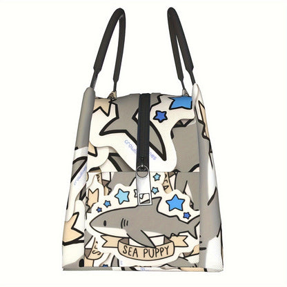 Cooler Bag with Grey Shark Pattern - Portable Reusable Insulated Lunch Bag for Camping, Picnic, Beach, Office, Home & Outdoor Use, Fun Kids & Adults Novelty Cooler Tote, 11 x 6.3 x 6.7 in