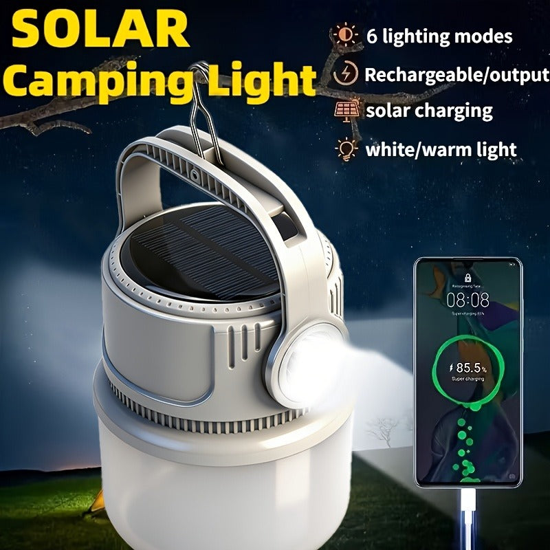 Solar LED Camping Light with Hook – 6 Modes, USB-C Rechargeable, 300LM, IPX4 Waterproof, Emergency Power Bank, Portable Tent Light for Camping, Hiking & Power Outages