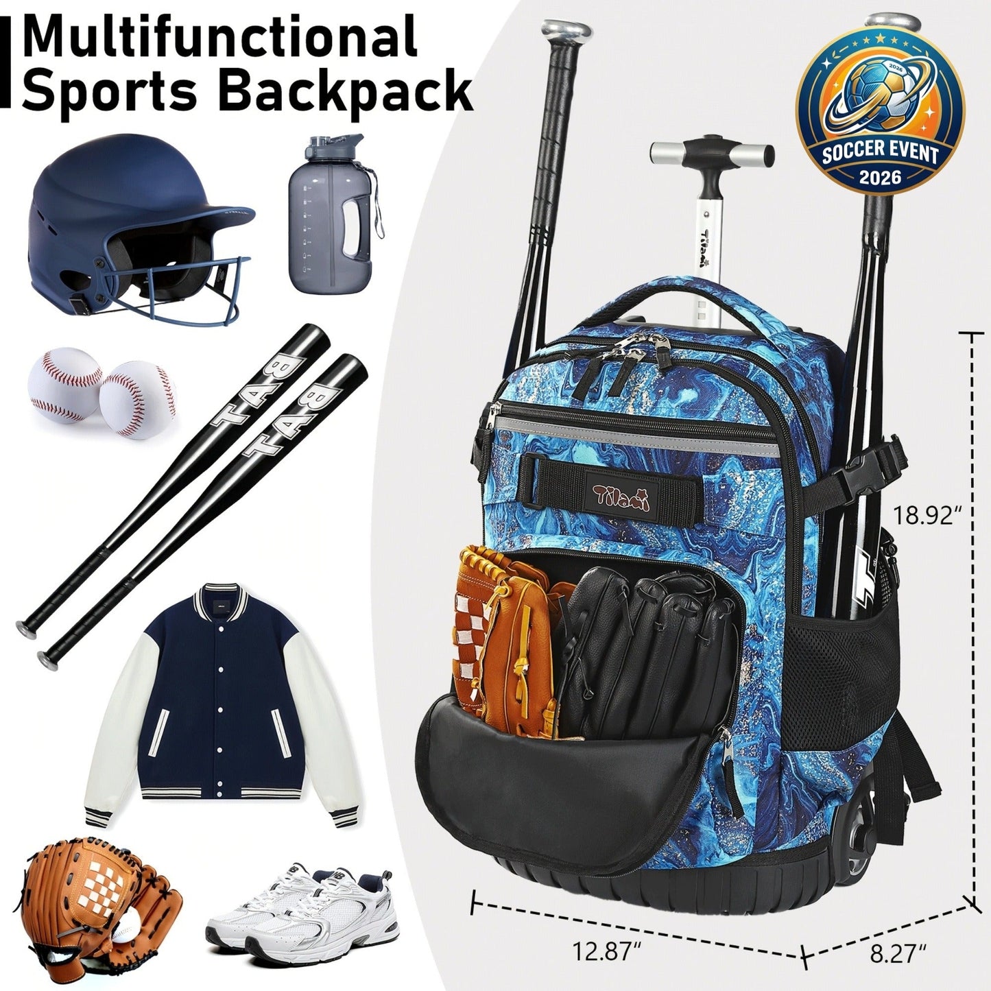 Wheeled Sports Backpack with Wheels – Large Capacity Baseball Softball Soccer Bag Multiple Pockets for Daily Commuting
