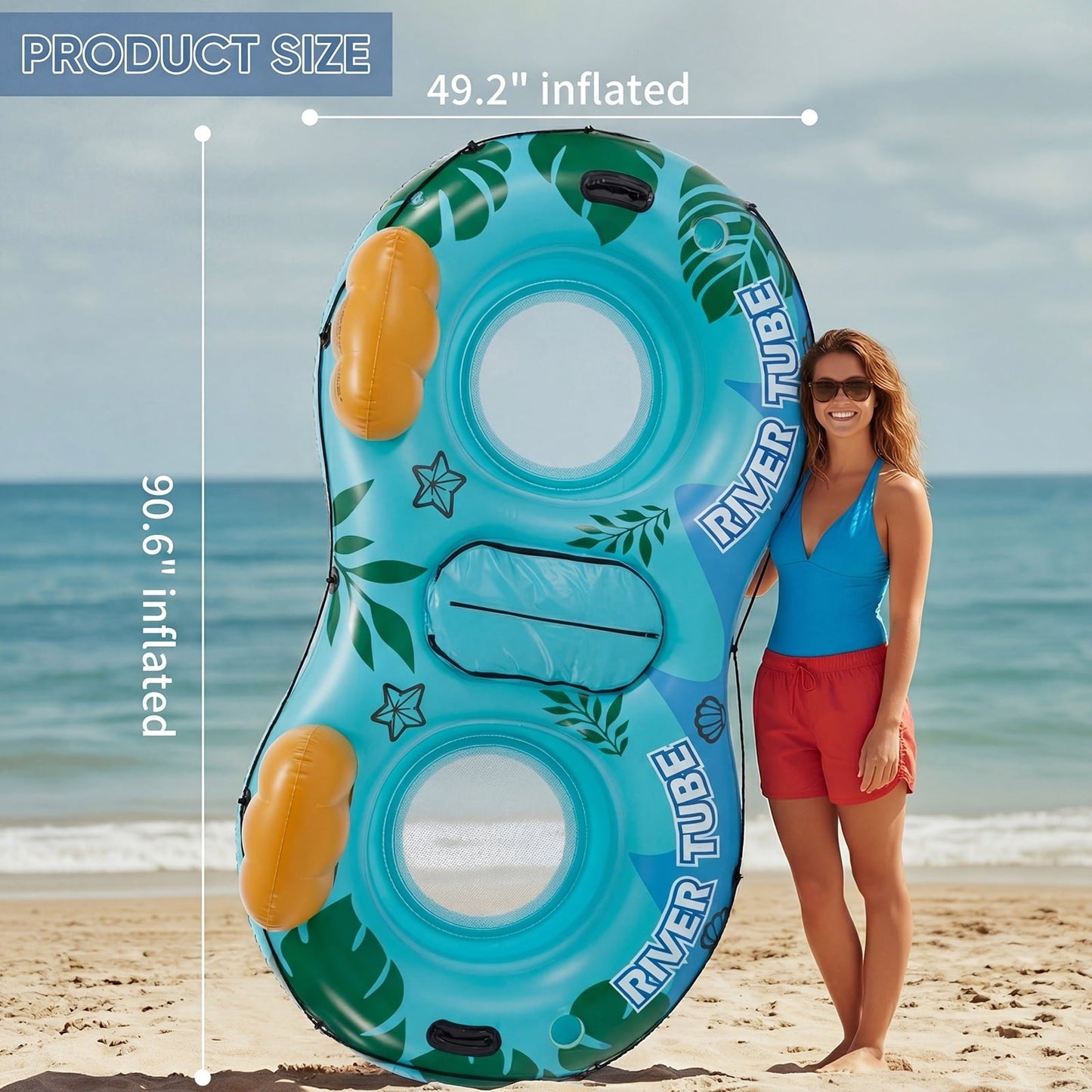 Double Inflatable Pool Float Bed with Detachable Cooler 2 Cup Holders Heavy Duty Adult Lounge Chair for Swimming Pool River Drifting Lake