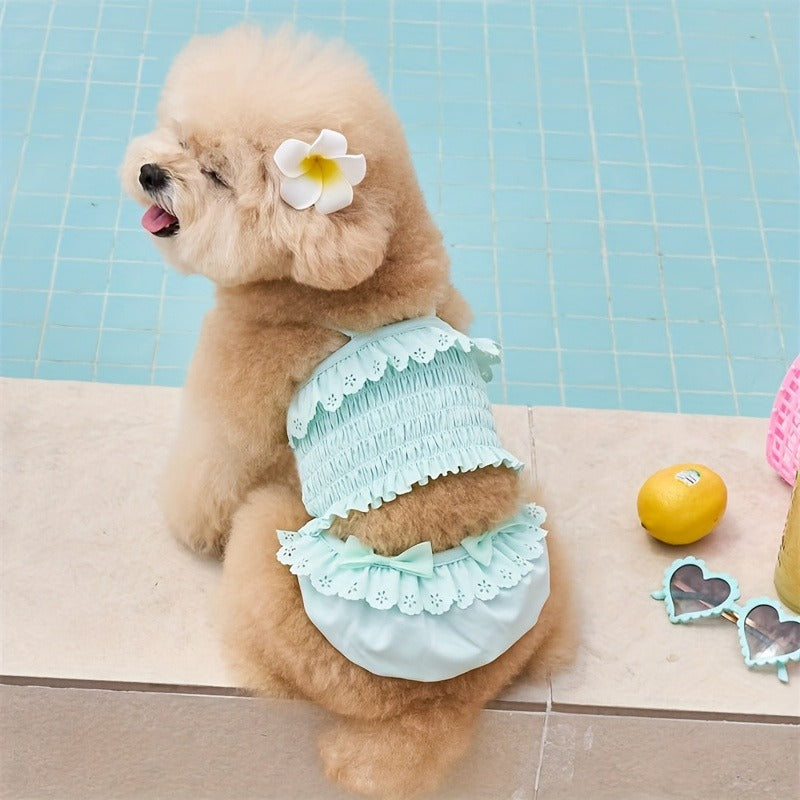 Dog Swimsuit Sky Blue Jumpsuit with Swim Cap – Pet Beach Vacation Outfit Bikini Vest for Dogs & Cats, Summer Swimming Costume, Sizes XS to XL for Small Medium Large Pets