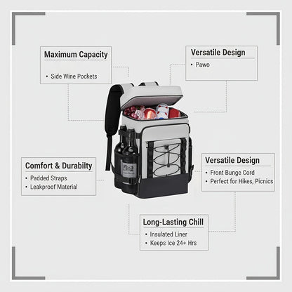 Insulated Cooler Backpack Leakproof Thermal Lunch Bag, Large Capacity Waterproof Cooling Rucksack for Camping, Hiking, Picnic & Beach, Foldable Soft Cooler Bag for Men & Women, Black & Grey