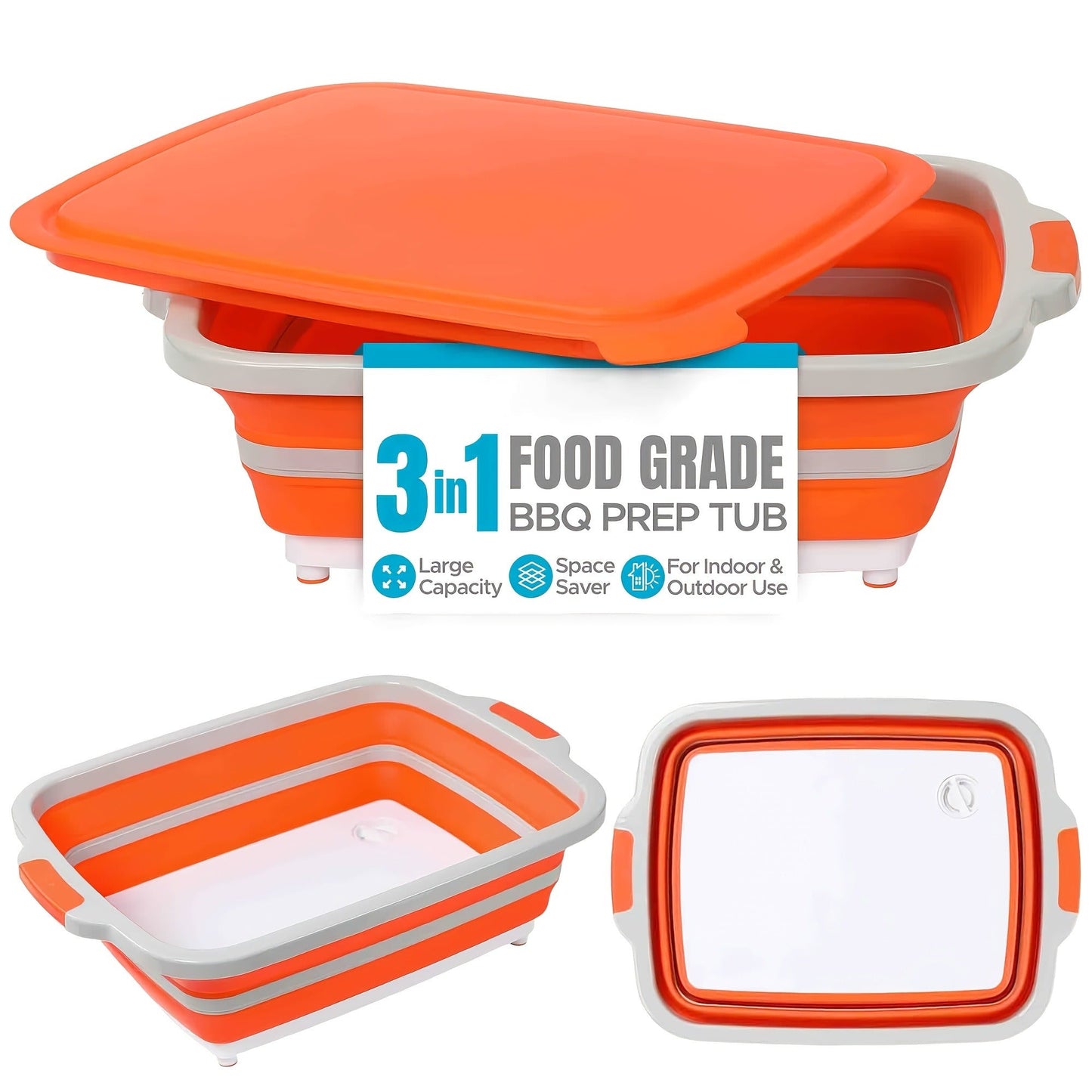 Collapsible BBQ Prep Caddy with Cutting Board & Lid - 3-in-1 Foldable Grill Preparation Tub, Food-Safe Plastic, Washing Basket & Marination Container - Orange
