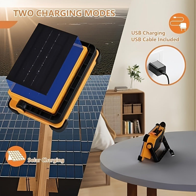 Solar Rechargeable LED Floodlight Flashlight, IP44 Waterproof 4500 Lumens Ultra-Bright Portable Camp Light, USB & Solar Dual Charging 2200mAh, 4 Modes Indoor Outdoor Lighting for Camping, Fishing & Car Maintenance