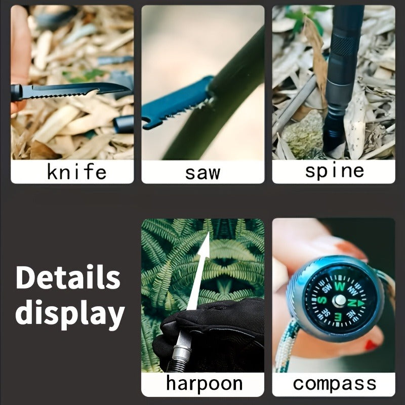 Tactical Trekking Pole Adjustable Hiking Stick | Titanium Alloy with Built-In Compass Canvas Storage Pouch & Combination Lock | Multi-Function Outdoor Hiking Camping Survival Gear Gift Black