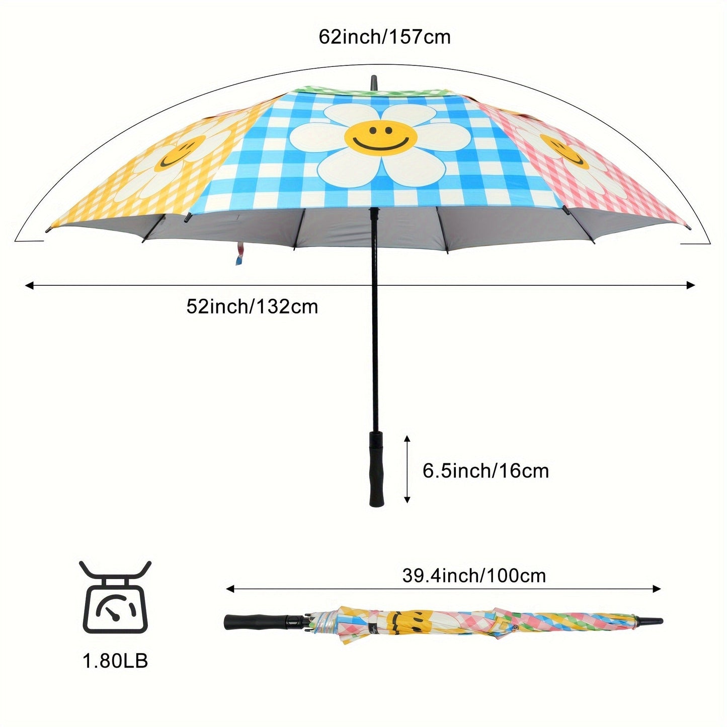 Extra Large Golf Umbrella 52 Inch Double Canopy Windproof - Smile Face Design, 2-Layer Vented Canopy, Straight Long Handle 39.37", Auto Open Button, Sunshade Coverage for 3-4 People, Oversized Rain & Sun Umbrella
