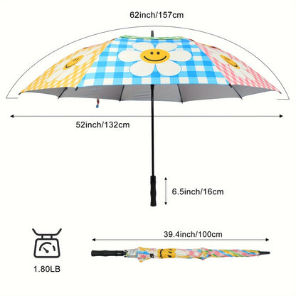 Extra Large Golf Umbrella 52 Inch Double Canopy Windproof - Smile Face Design, 2-Layer Vented Canopy, Straight Long Handle 39.37", Auto Open Button, Sunshade Coverage for 3-4 People, Oversized Rain & Sun Umbrella
