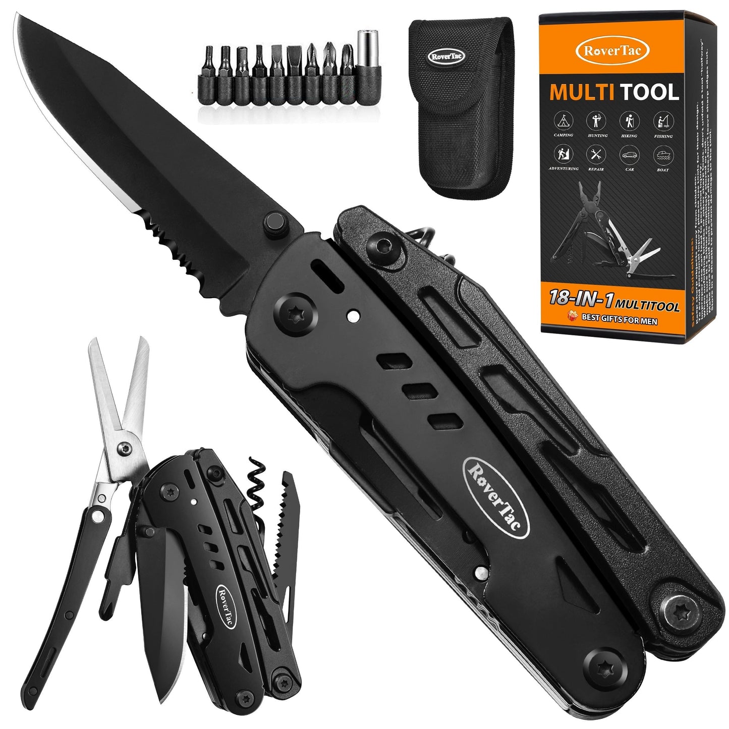 18-in-1 Stainless Steel Multitool Pocket Knife – Pliers, Scissors, Saw, Corkscrew & 9 Screwdrivers with Safety Lock & Nylon Sheath – EDC Multi-Tool for Camping, Hiking & Survival
