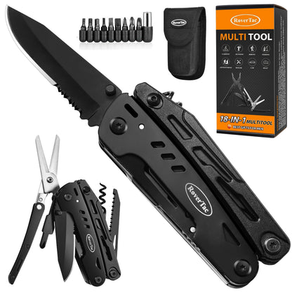 18-in-1 Stainless Steel Multitool Pocket Knife – Pliers, Scissors, Saw, Corkscrew & 9 Screwdrivers with Safety Lock & Nylon Sheath – EDC Multi-Tool for Camping, Hiking & Survival