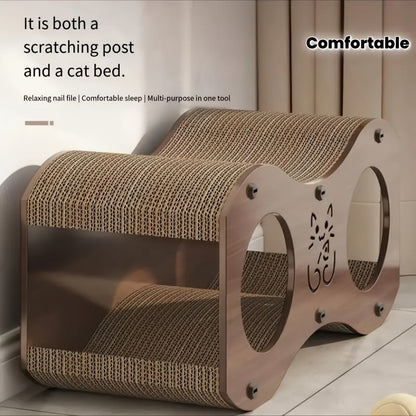 Cat Scratching Post with Integrated Cat Bed - Sturdy Walnut Wood Base, 4-Season Woven Scratch Pad, Indoor Cat Scratcher Lounge for Scratching, Lounging & Play, Oak Color with Optional Cat Toy
