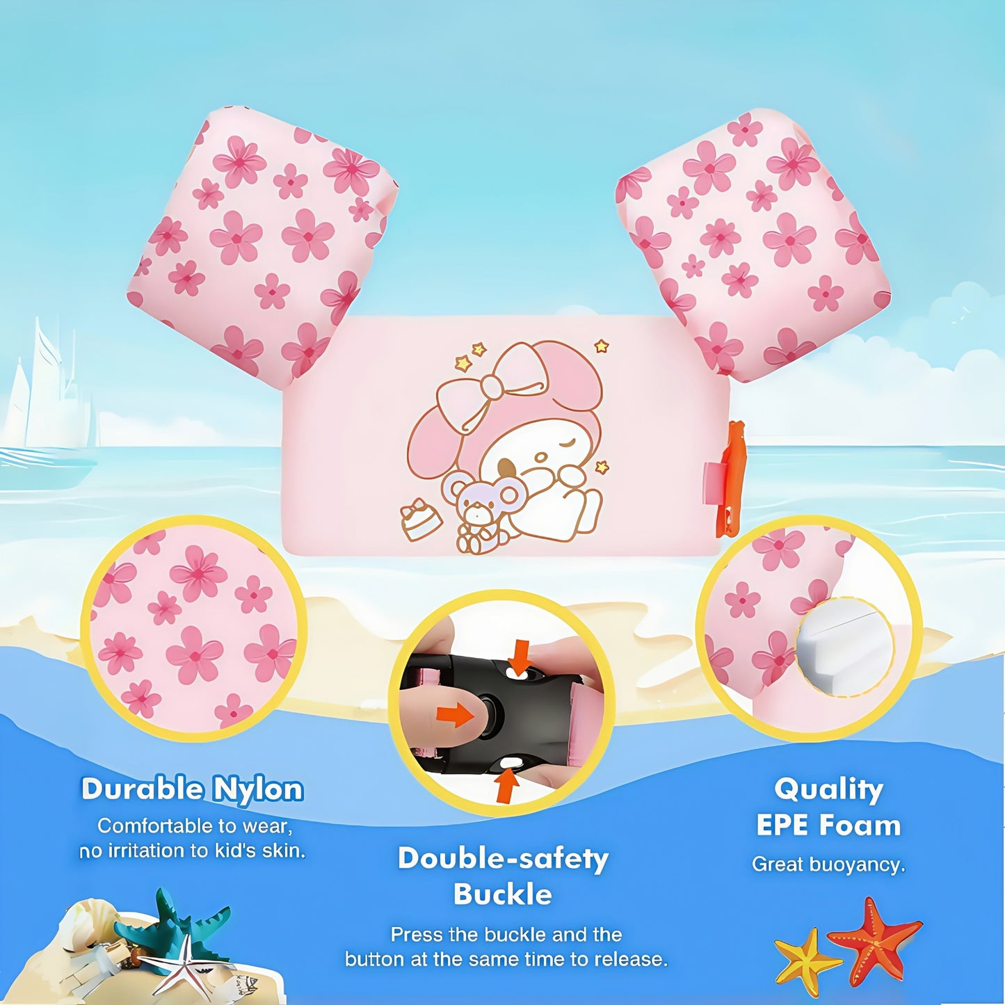 Kids Swim Vest Floating Jacket – Adjustable Straps, Lightweight, Cute Cartoon Pattern for Boys Girls Beginners, Pool Beach Water Safety 20-50 lbs