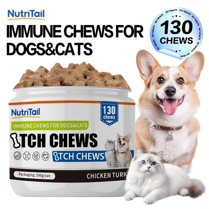 Pet Soft Chews for Skin & Hair, Probiotics & Calming - 200g / 130 Chewable Tablets, Moisturizes Skin, Maintains Coat, Supports Gut Health & Quiet Moments, Suitable for Dogs & Cats All Breeds