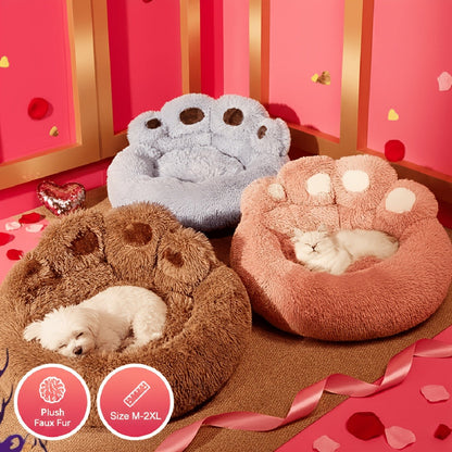 Dog Bed & Cat Bed Plush Bear Paw Print – Soft Warm Pet Bed for Small Medium Large Dogs, Thickened Long Plush, No Assembly, Autumn Winter Pet Sleeping Bed in Coffee Pink Gray