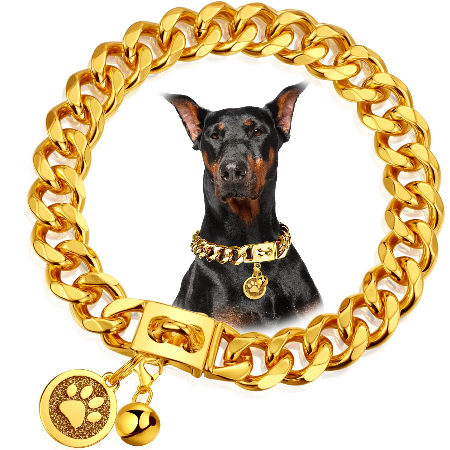 Cuban Link Dog Chain Collar – 19mm Gold Plated Stainless Steel with Snap Lock, 6 Sizes for Puppy Small Medium Large Dogs