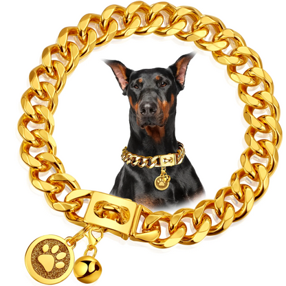Cuban Link Dog Chain Collar – 19mm Gold Plated Stainless Steel with Snap Lock, 6 Sizes for Puppy Small Medium Large Dogs