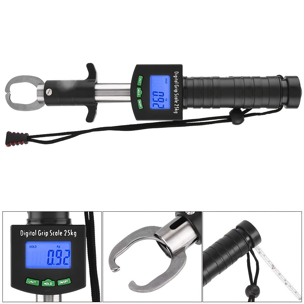 Digital Fishing Scale 25kg/55lb with Tape Measure - Portable Electronic Fish Weight Scale with LCD Display, Fish Mouth Clip & Stainless Steel Hook - Battery Included, Accuracy ±0.1kg